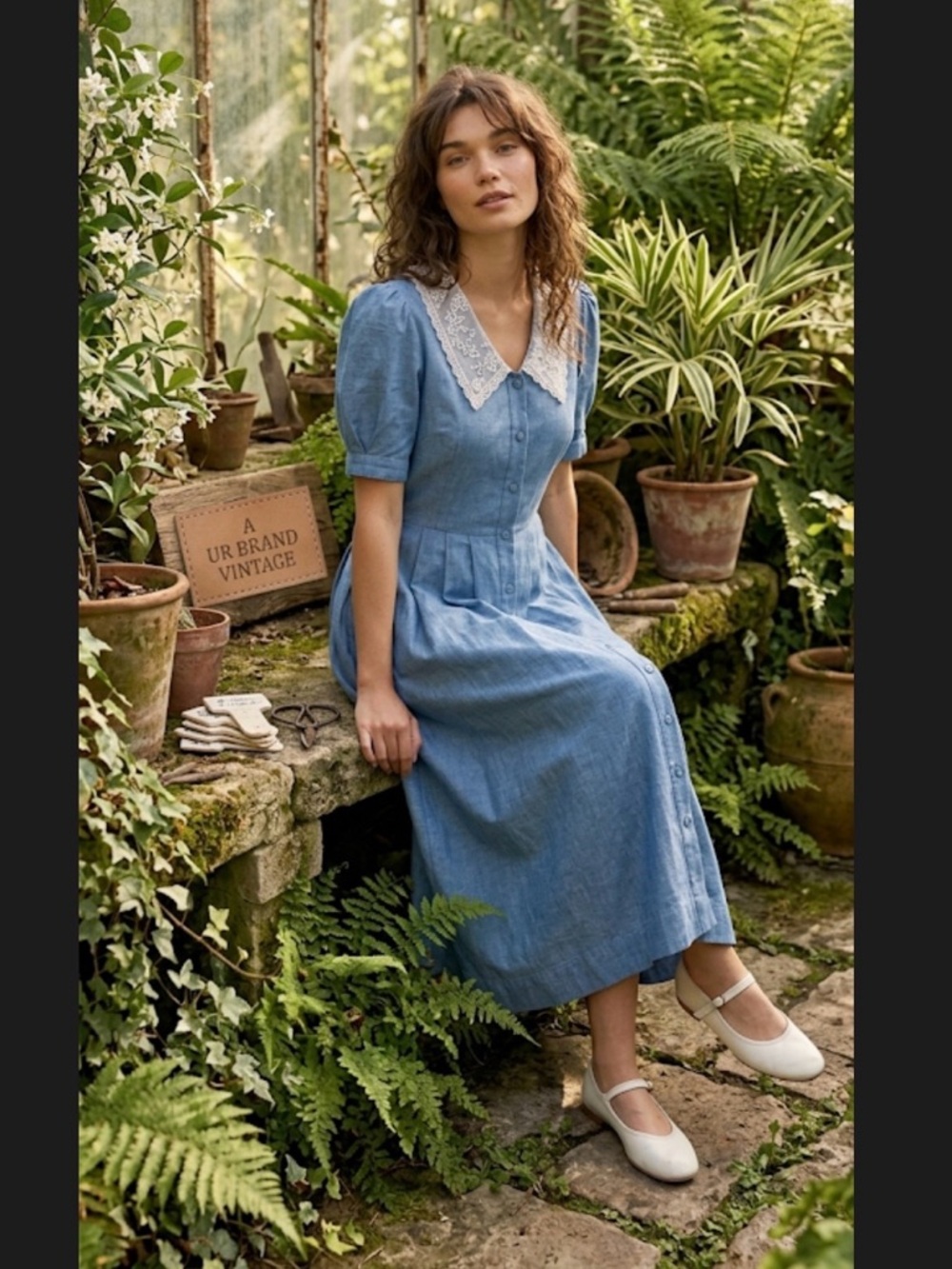 Vintage Laura Ashley Chambray Prairie Dress Lace Peter Pan Collar Blue Size 10 - Picture 2 of 16